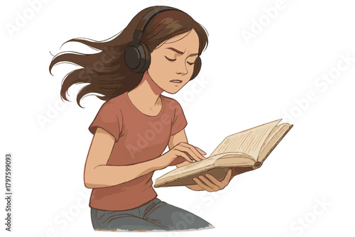 Focused young woman wearing headphones reading an open book with intense concentration