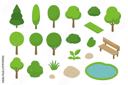 Isometric park and garden elements including trees, bushes, wooden bench, pond, and rocks