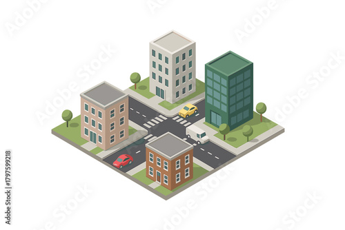 Isometric city scene showing apartment buildings, towers, and traffic at a central road intersection