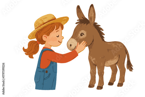 Happy young girl in a straw hat and overalls petting a cute brown donkey