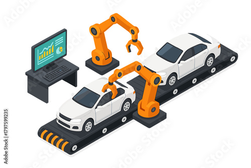 Automated car assembly line with robotic arms and quality control monitoring