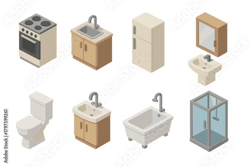 Isometric collection of household appliances and bathroom fixtures: stove, refrigerator, sink, toilet, shower, bathtub