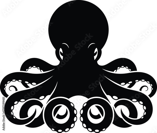 Black octopus silhouette with eight swirling tentacles and suction cups cephalopod marine life