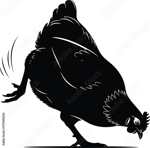 Black silhouette of a chicken pecking the ground with white highlights bird fowl