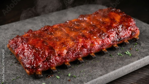 Grilled pork ribs on a gray...
