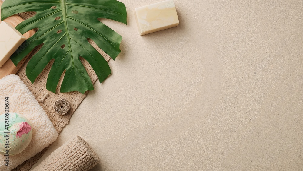Naklejka premium Monstera towels and bath bomb arranged on a flat surface, ideal for a spa experience