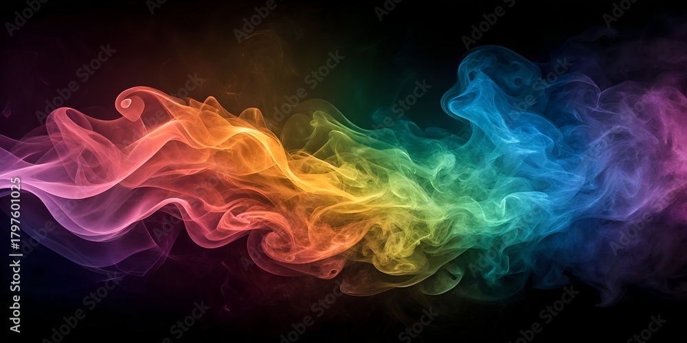 Fototapeta premium Colorful smoke swirling on black background with vibrant hues and ethereal wisps of color