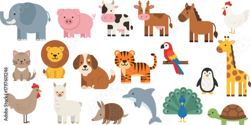 Cartoon animal collection, domestic and wild species, colorful cute illustrations, educational kids graphics, zoo farm jungle creatures, isolated icons