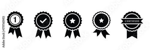 Black isolate verification icon set, Quality certificate medal symbol, Award medal, Ribbon check mark, Winning achievements graphic elements