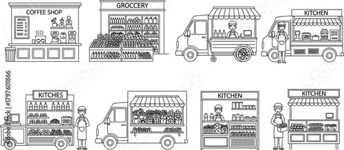 Monochrome outline vector set featuring various small business storefronts and food truck illustrations, including coffee shops, grocery stores, and street vendor kitchens, perfect for retail design