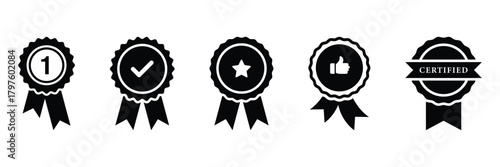Set of approved or certified medal icons. Approval check signs, verified, quality symbol. Certified, qualified, the best, check mark and number one. Vector illustration