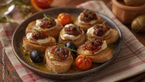 Plate of tapas featuring garlic confit bread, Kalamata olives, and tomatoes in olive oil, fiber-dense choice