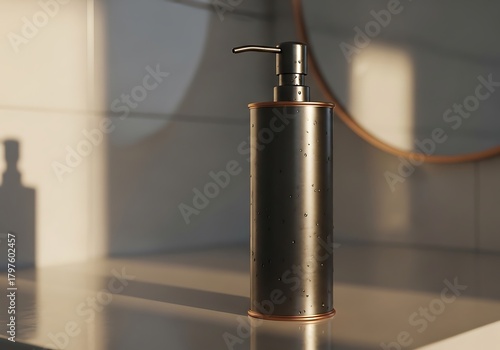 Wallpaper Mural Elegant Metallic Pump Bottle with Water Droplets on Bathroom Counter in Soft Sunlight Torontodigital.ca
