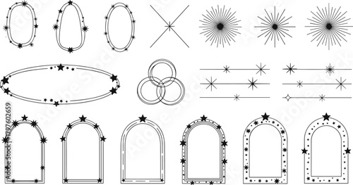 Minimalist Celestial and Star Decorative Vector Elements Collection, Featuring Arch Frames, Oval Borders, and Starbursts for Modern Wedding Invitations and Logo Design