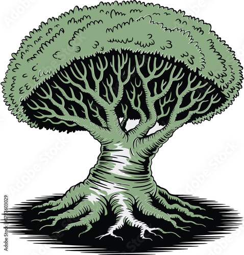 Ancient gnarled tree with a massive canopy and exposed root system