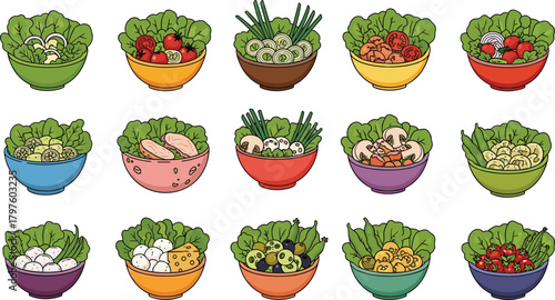 Fifteen illustrated salad bowls with leafy greens, vegetables, cheese, pasta, mushrooms, olives, and colorful toppings in vibrant designs