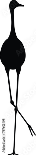 Black silhouette of a crane bird standing on one leg white