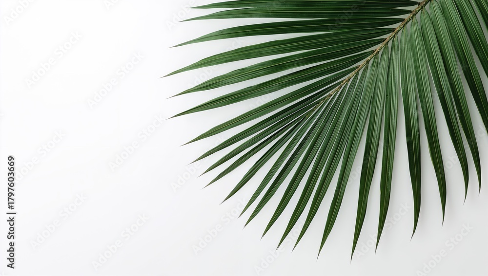 Fototapeta premium Close-up of a palm leaf against a white background, ideal for botanical design, Earth Day