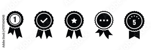 Approved or certified medal icon in a flat style. Rosette icons. Approval check symbol. Winning award, prize, medal or badge. Verified medal icon. set Approved certified icon.