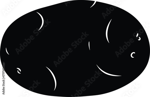 Black potato silhouette with white curved lines and dots vegetable