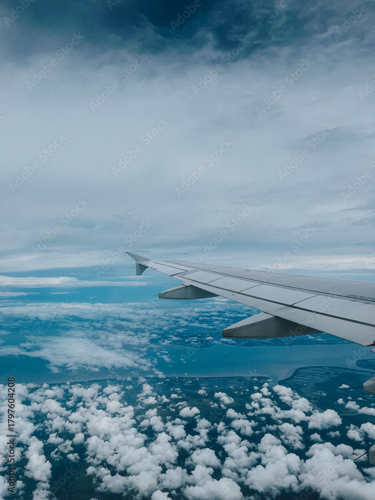 Fototapeta premium Aerial Scenic View of Airplane Wing Flying over Fluffy Cloudscape