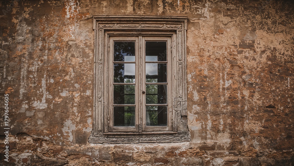 Fototapeta premium An Ancient Window Set in a Weathered Wall of a Historic Building, Erosion Risk