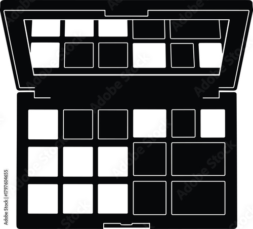 Black and white illustration of an open makeup palette with multiple pans cosmetic beauty
