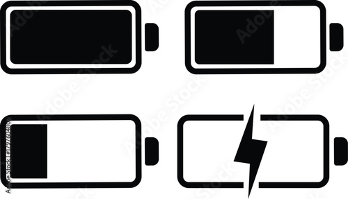 Battery Silhouette Icons set, Charge from high to low. Charger phases illustration. Discharged and fully charged battery smartphone.
