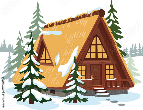 Winter cabin illustration, stylized snowy forest vector, thatched roof and evergreen trees, rustic nature clipart, seasonal landscape design, isolated