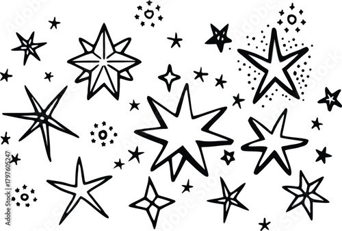 Hand drawn doodle stars and bursts, simple black and white illustration