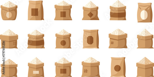 Set of sixteen brown rice bags with unique label shapes including squares, circles, and hashtags isolated on white background
