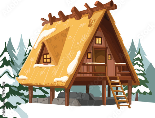 Winter stilt cabin illustration, stylized snowy forest vector, thatched roof and glowing windows, rustic nature clipart, seasonal landscape design