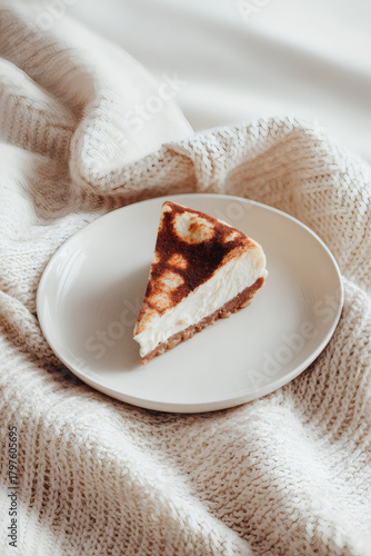 A slice of delicious spanish cheescake on plate, AI generated