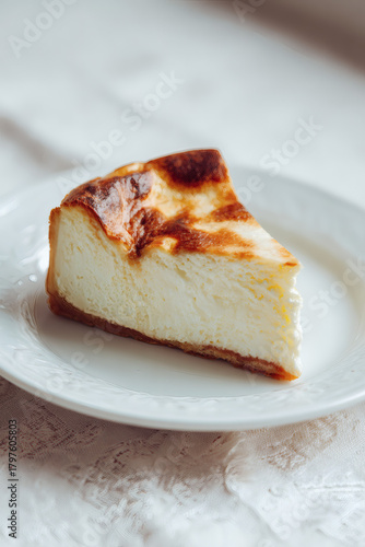 A slice of delicious spanish cheescake on plate, AI generated