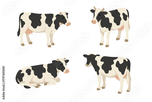 Four black and white dairy cows standing and lying down in various poses