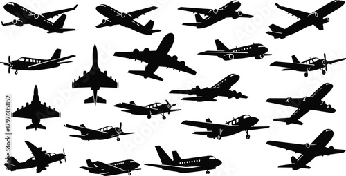 PrintCollection of diverse airplane silhouettes featuring commercial jets, propeller aircraft, military planes, aviation icons, flight illustrations, transportation graphics for design projects