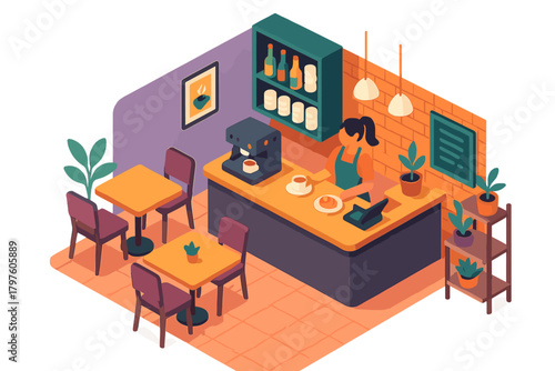 Barista working behind the counter in a small cafe with seating and coffee machine