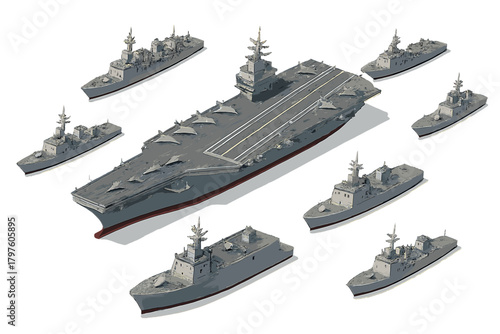 Large aircraft carrier surrounded by a fleet of modern naval warships in isometric view