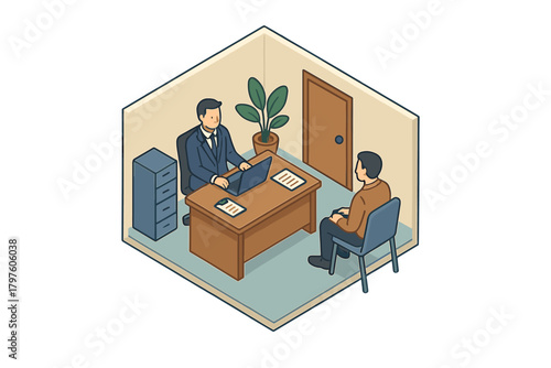 Two businessmen conducting a professional meeting at an desk with a laptop
