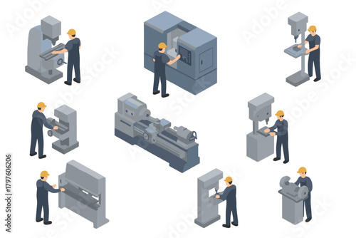Isometric industrial workers operating metal fabrication and machining equipment set