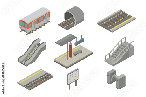 Isometric set of subway and metro station elements including train, tracks, platform, and infrastructure