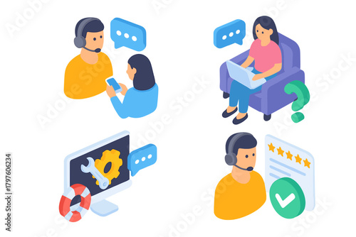 Isometric customer support and technical assistance icons for online helpdesk and service rating