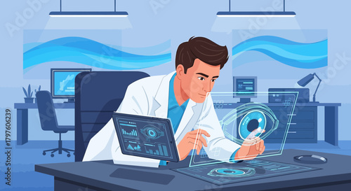 Medical professional analyzing eye data using advanced technology in a modern laboratory