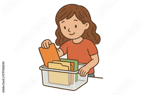 Smiling young woman organizing colorful documents and folders in a clear storage box