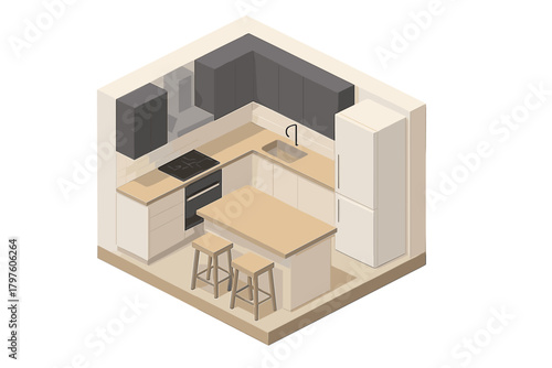 Modern kitchen interior with island, dark cabinets, and light wood countertops