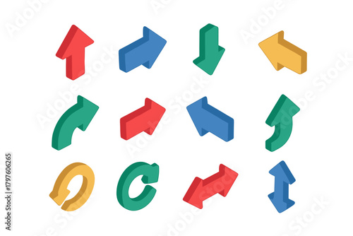 Diverse set of colorful three dimensional navigation arrows pointing in multiple directions