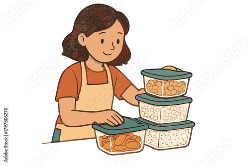 Woman preparing healthy meals and stacking food storage containers for weekly meal prep