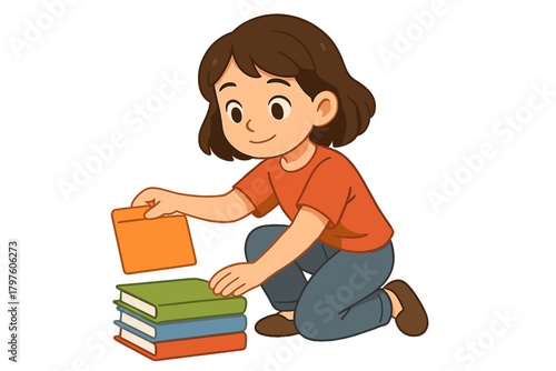 Smiling young child kneeling on the floor and stacking a pile of colorful books
