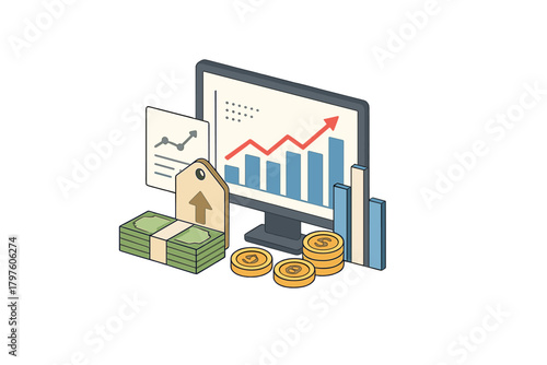 Isometric financial analysis showing market growth on a computer screen with cash stacks and gold coins