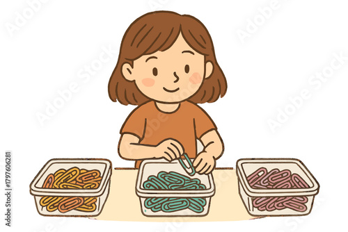 Smiling person organizing colorful paper clips into three clear storage boxes on a desk